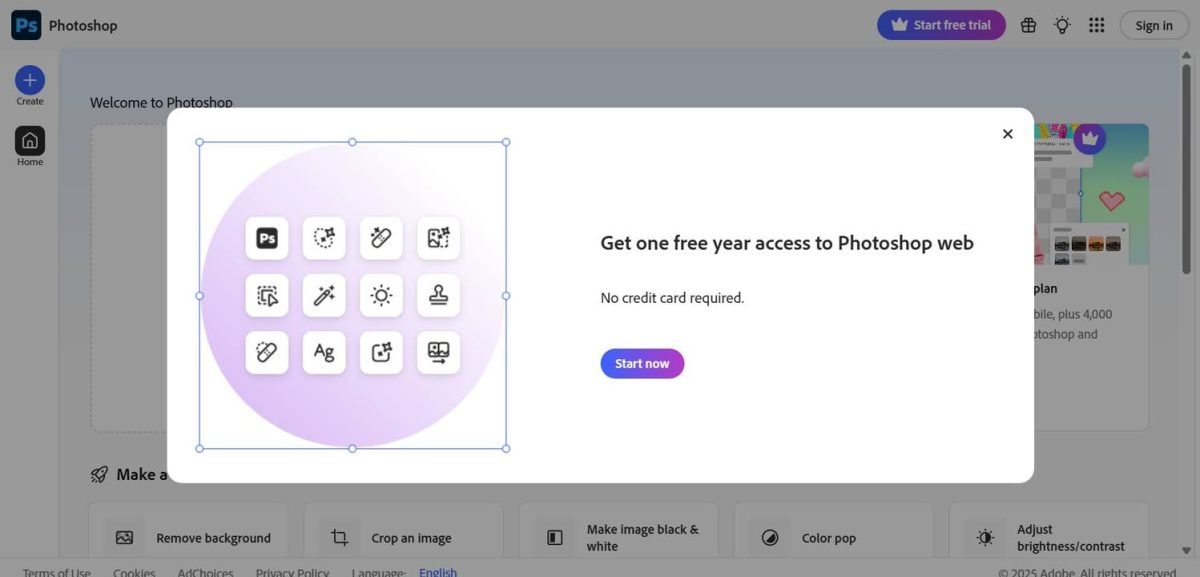 بغیر کسی کریڈٹ کارڈ کے ایک سال کے لیے Adobe Photoshop  کا ویب ورژن مفت میں حاصل کریں
